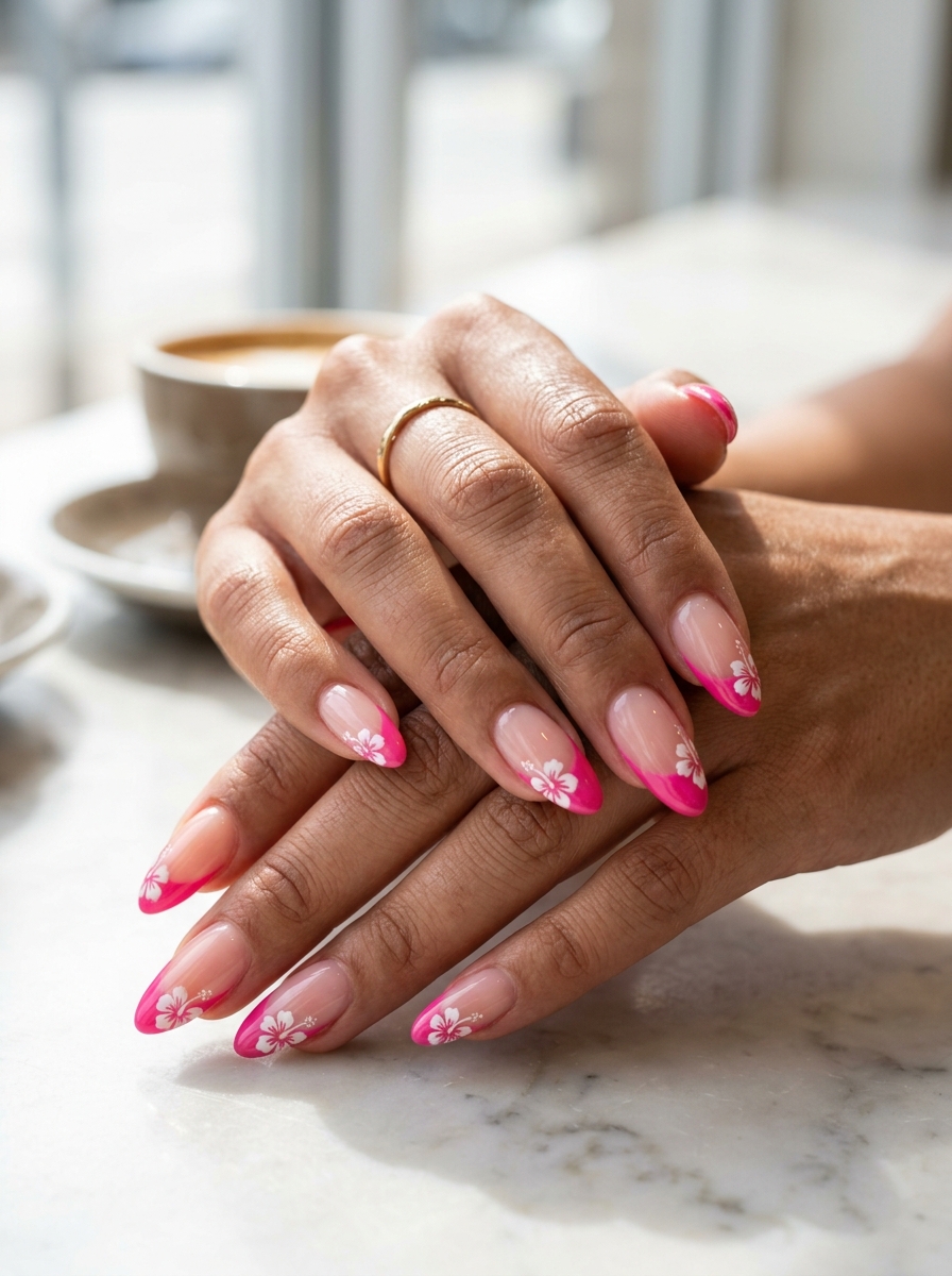 Hot Pink Hibiscus Reverse French for tropical nail designs 2026. Glamorous look for parties.