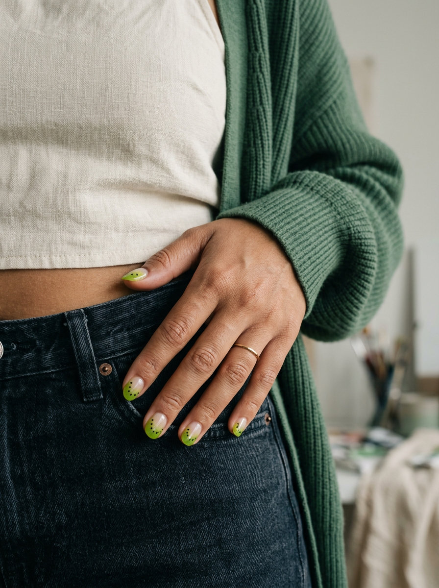 Lime Green Kiwi Slice French for tropical nail designs 2026. Quirky and fresh for casual weekends.