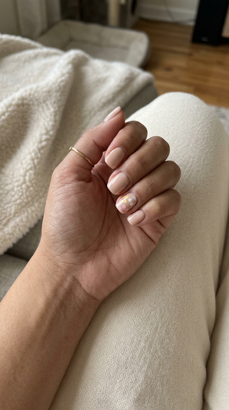 Nude Micro Floral Accents for tropical nail designs 2026. Understated elegance for weddings and daily wear.