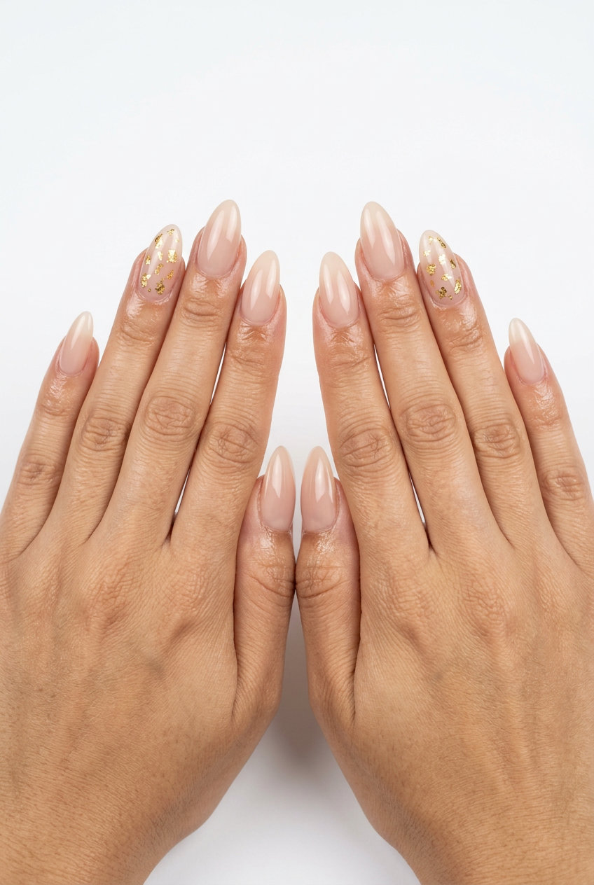 Nude with Gold Leaf Accents for tropical nail designs 2026. Luxurious and understated for work.
