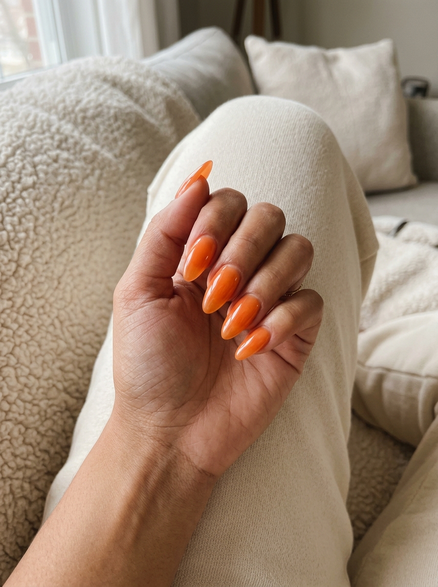 Tropical nail designs 2026: Papaya Jelly Glass nails for vacation, festivals & casual weekends.