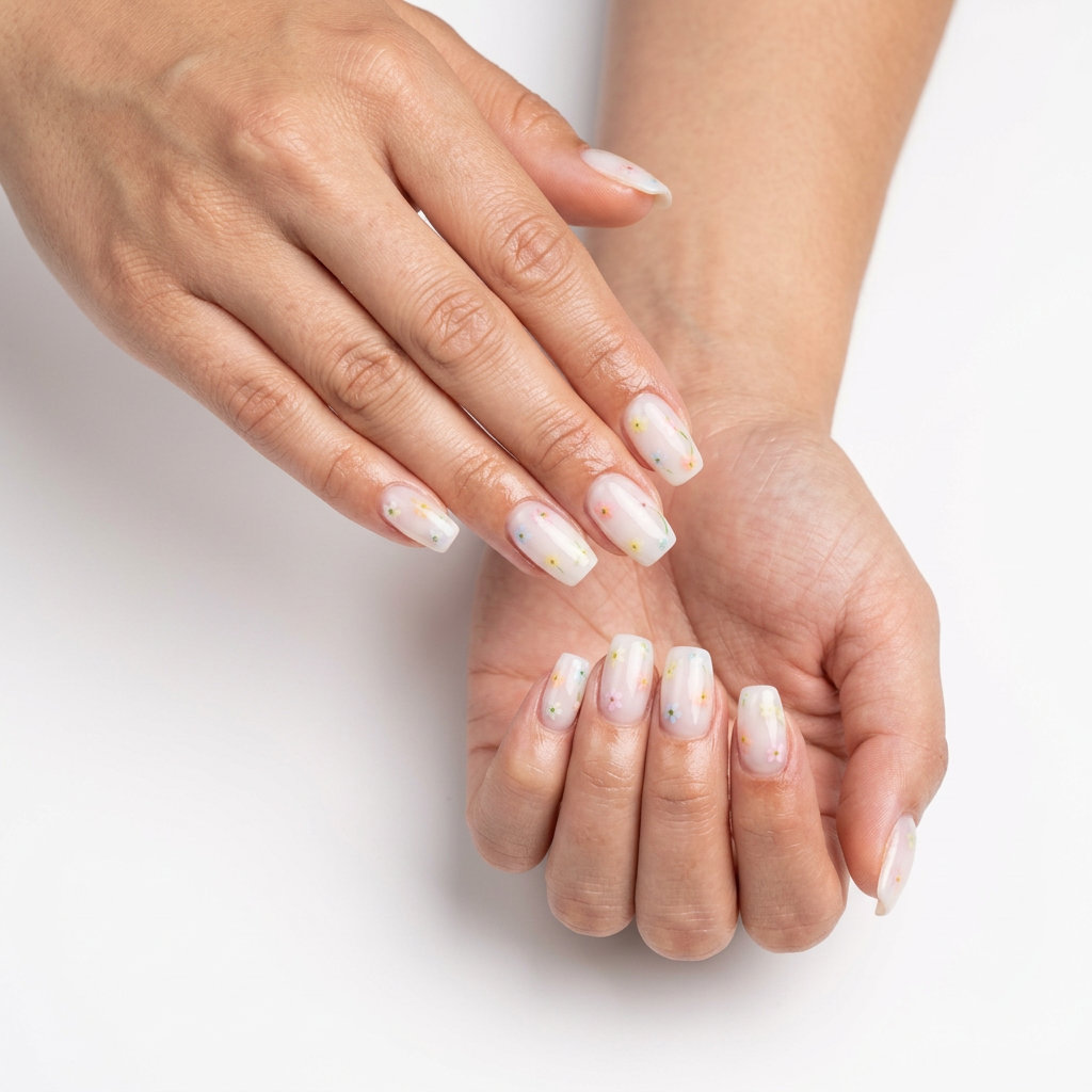 Pastel floral milk bath nails 2026: Romantic, ethereal gel art for weddings and bridal showers. Embedded dried flowers.