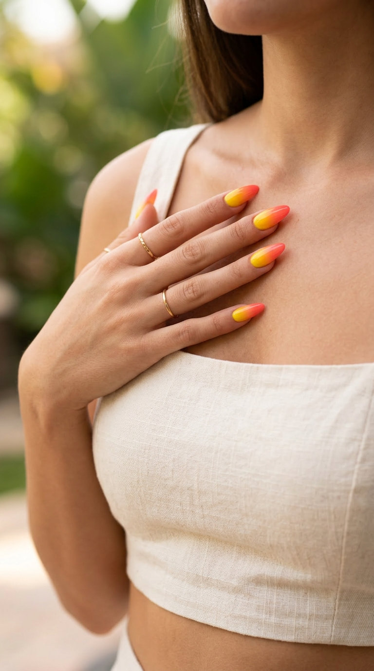 Vivid Coral Sunset Ombre Glow nails for tropical nail designs 2026. Vibrant jelly finish for vacation.