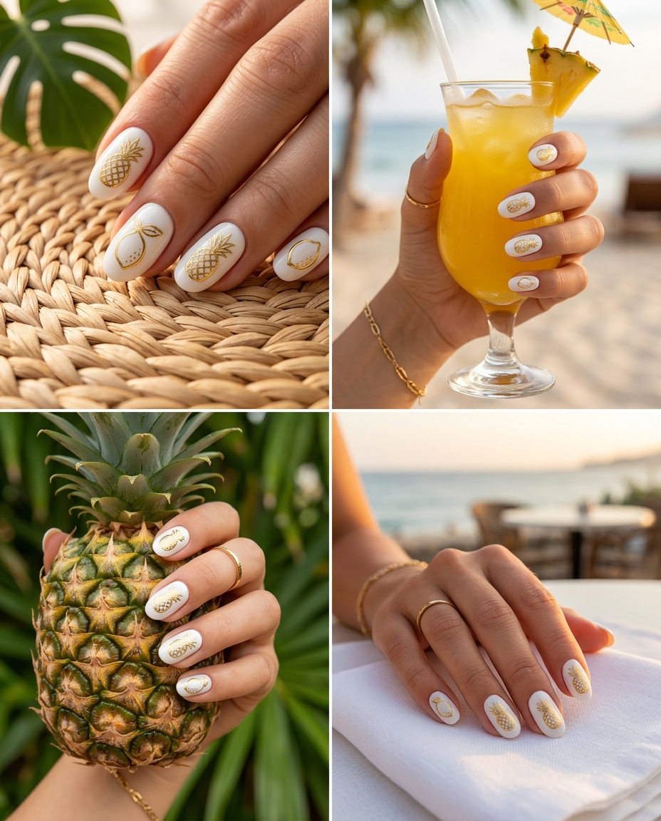 Tropical nail designs 2026: White Gold Fruit Outline stiletto nails for sophisticated parties & summer events.