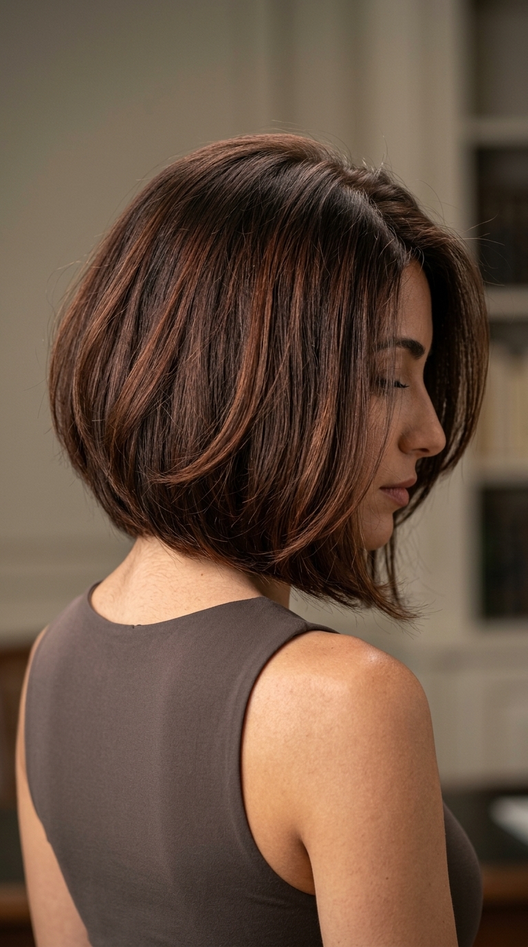 collarbone-length baroque bob haircut in rich truffle brunette with auburn lowlights, subtle internal layers, deep side part — professional sophisticated