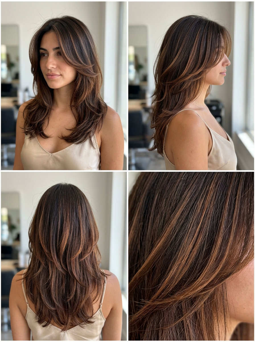 long layered haircut in deep truffle brunette with babylights and face-framing layers for summer