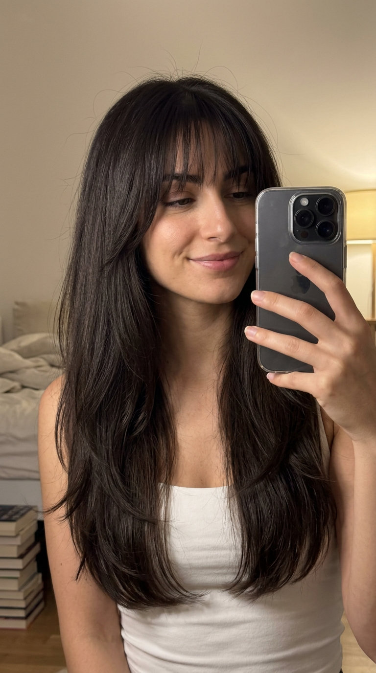 Truffle Birkin Bangs & Long Layers 2026 long layered haircut in deep truffle brunette with wispy bangs and V-cut back for summer