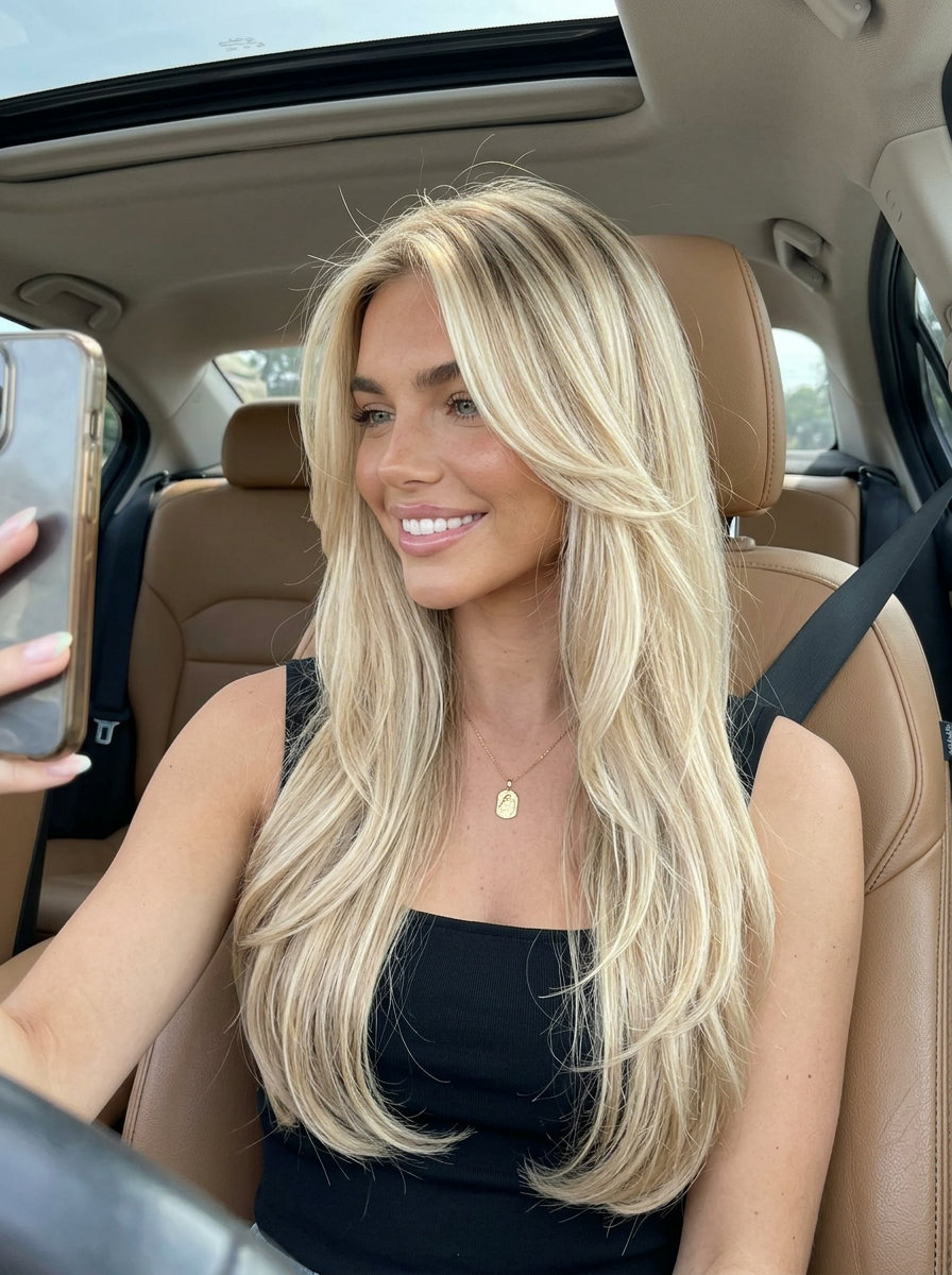 long vanilla blonde balayage with creamy beige and soft gold highlights, cascading layers — romantic look