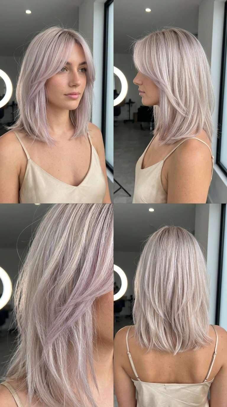 shoulder-length lob with violet-ice blonde, soft layers, curtain bangs — romantic beach day style
