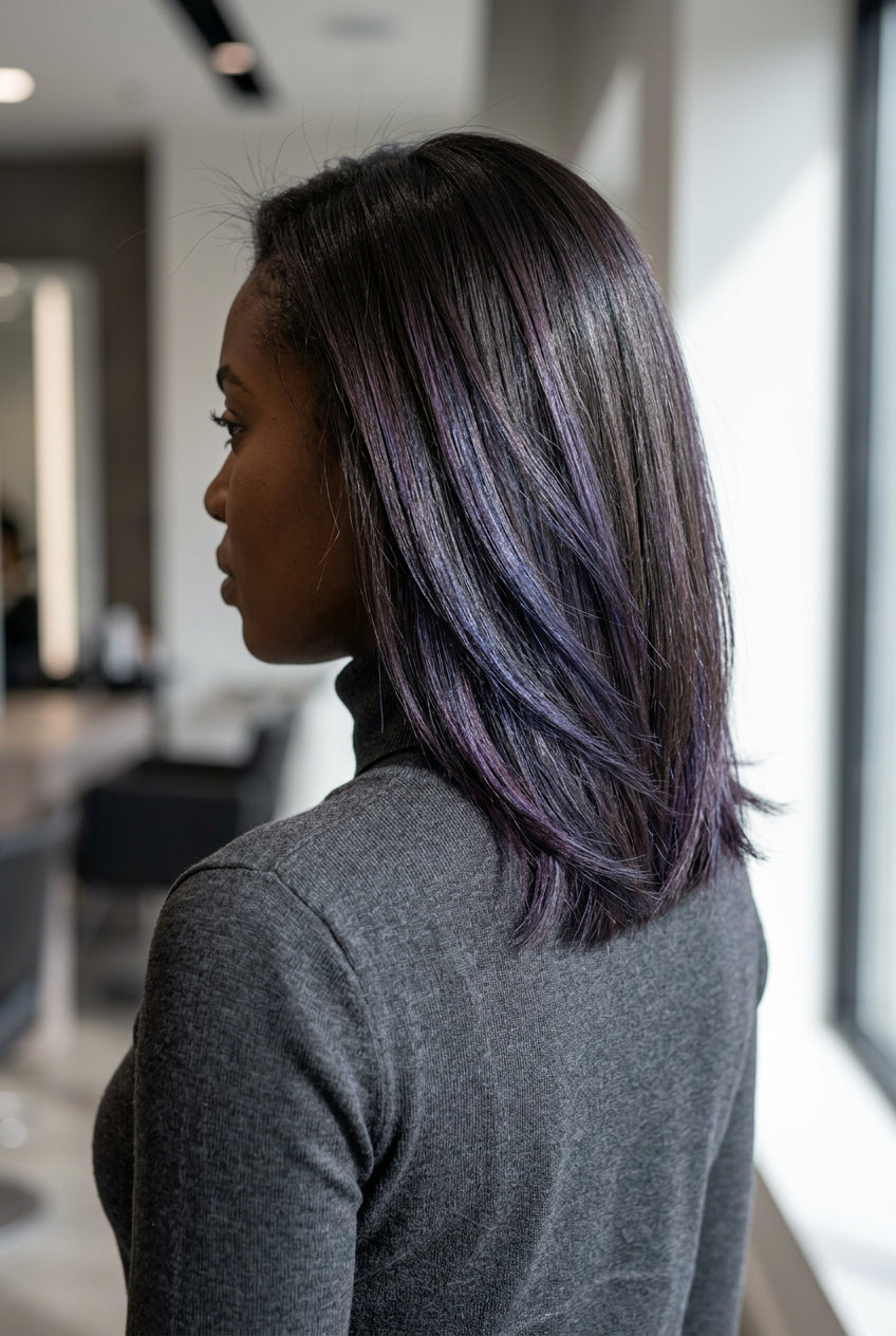 sleek long cut with violet quartz hidden highlights, iridescent violet color, slicing technique — mysterious edgy look