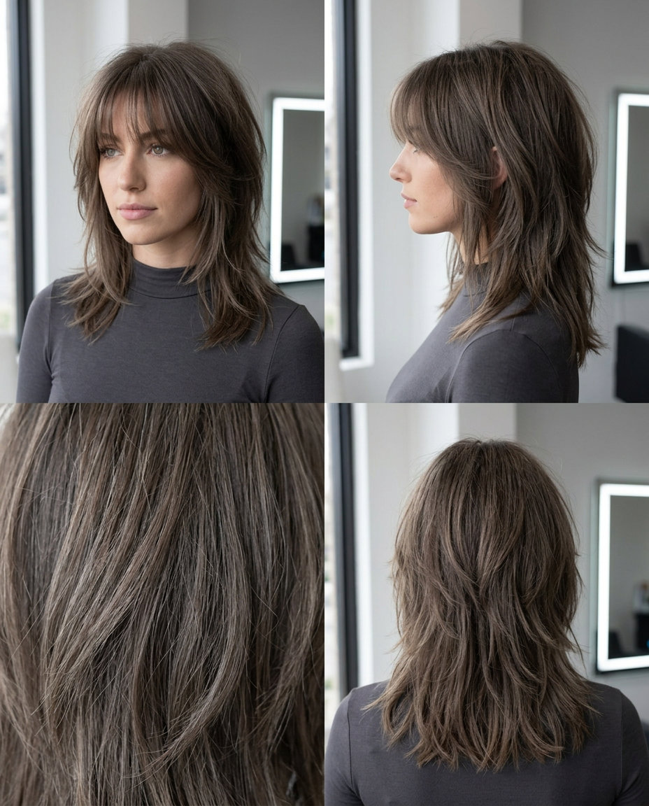 Smoked Walnut Shag: Edgy Brunette 2026 medium shag haircut in smoked walnut brunette with razored layers and wispy bangs for summer