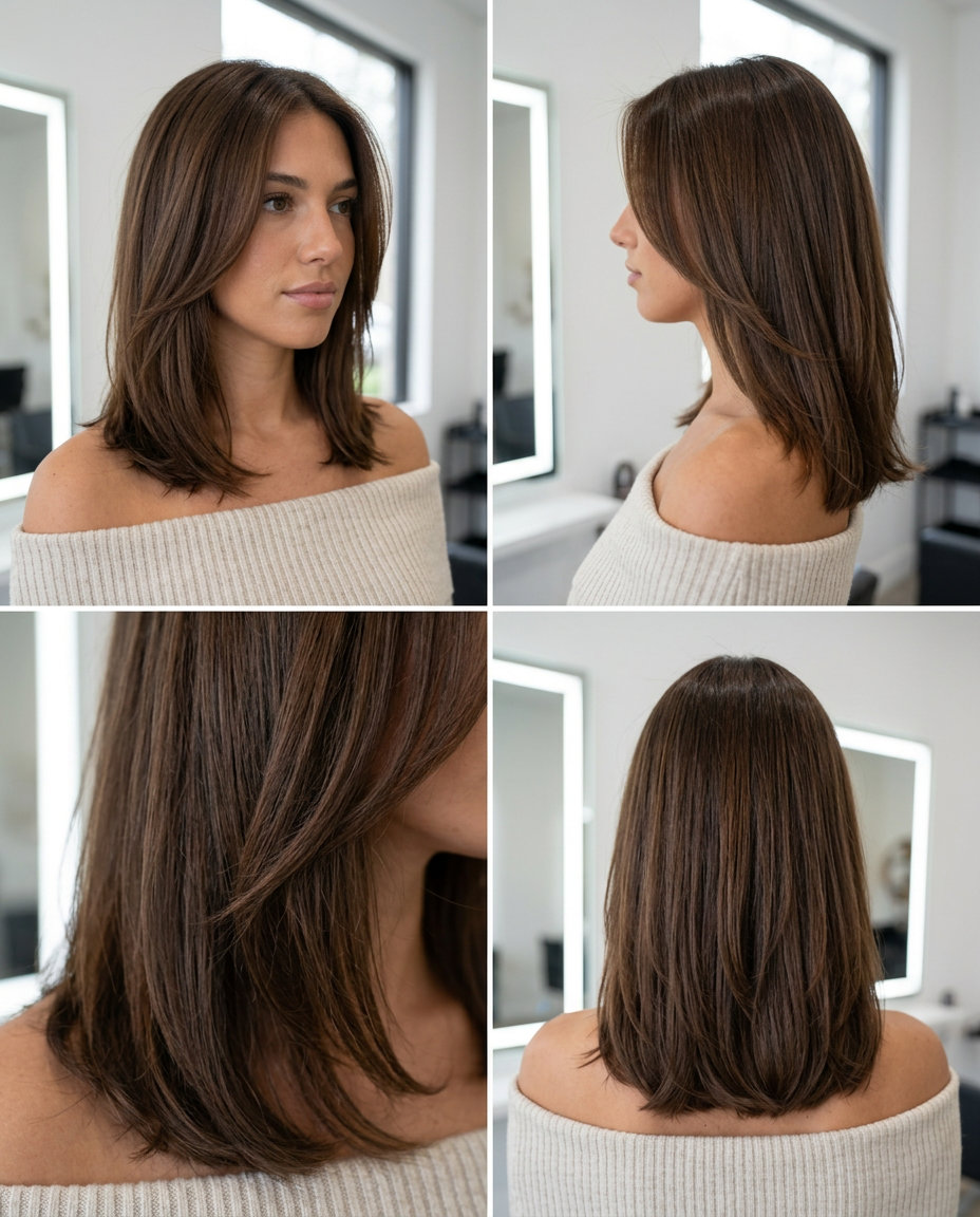 Rich Walnut Waves Medium Cut 2026 medium soft layered brunette with rich walnut brown, warm chocolate undertones, no bangs — romantic date night