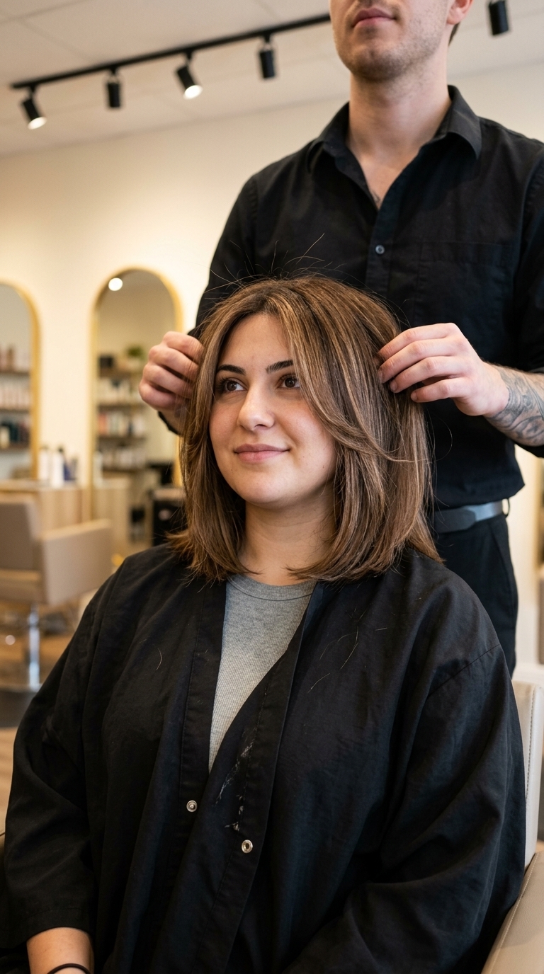 collarbone-length kitty cut in warm brunette with subtle caramel babylights, internal layers, soft face-framing — casual chic