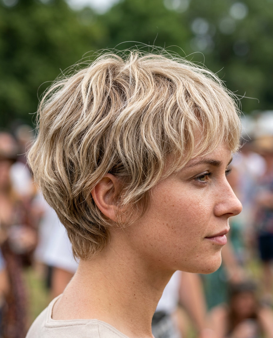 Washed-Out Blonde Bixie-Pixie 2026: Creamy Beige very short washed-out blonde pixie haircut with creamy beige, ash tones for summer