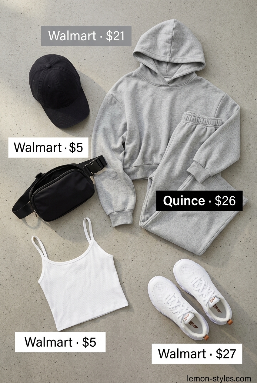 What to wear with cami top summer 2026: Athleisure set with grey hoodie, joggers, white cami, sneakers, and cap.