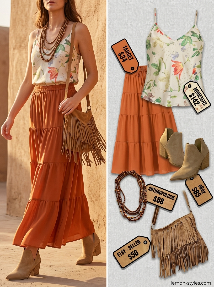 What to wear with cami top summer 2026: Boho terracotta floral cami with tiered maxi skirt, suede boots, and fringe bag.