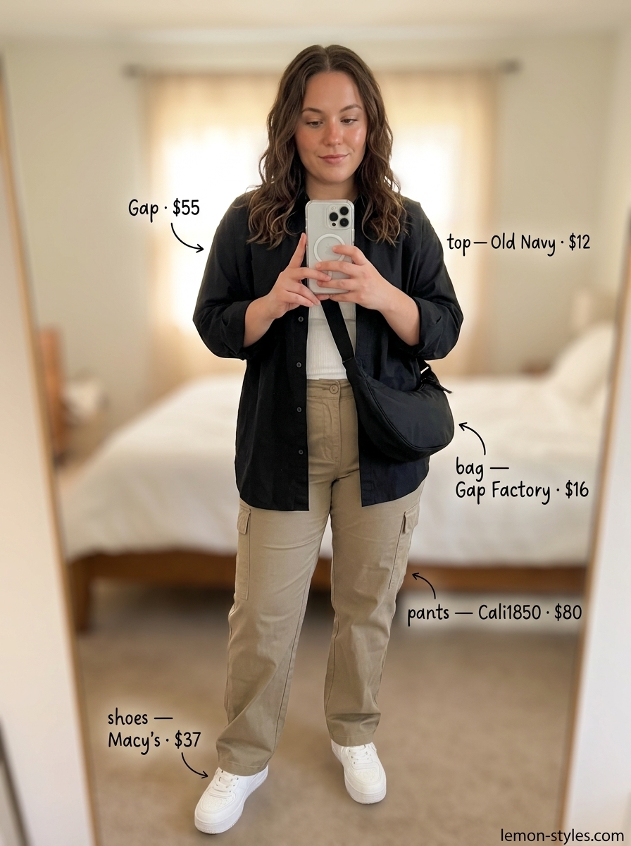 What to Wear with Cami Top Summer 2026: Casual cargo pants, white tank top, black shirt, and chunky sneakers.