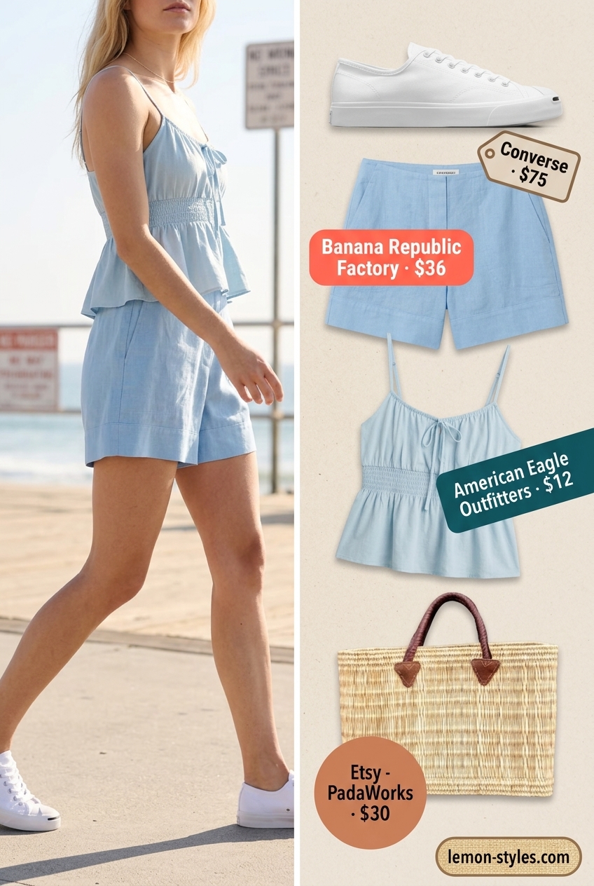 What to wear with cami top summer 2026: Sky blue linen cami set with high-waisted shorts, canvas sneakers, and straw hat.