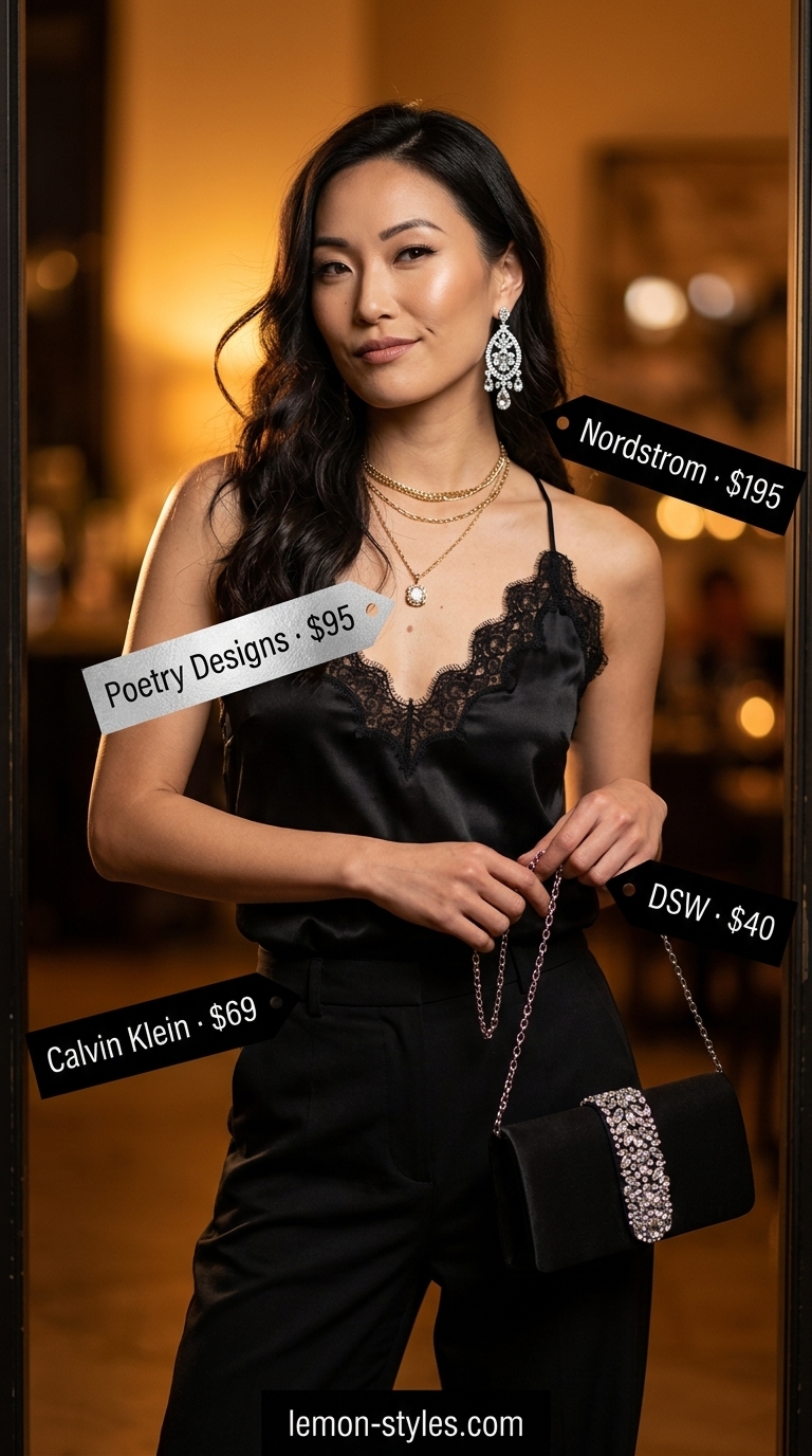What to wear with cami top summer 2026: Elegant black silk cami with tailored trousers, heels, and chandelier earrings.