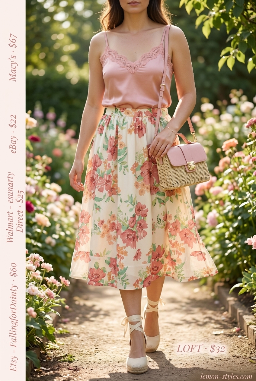 What to wear with cami top summer 2026: Blush pink cami with floral midi skirt for a garden party outfit.