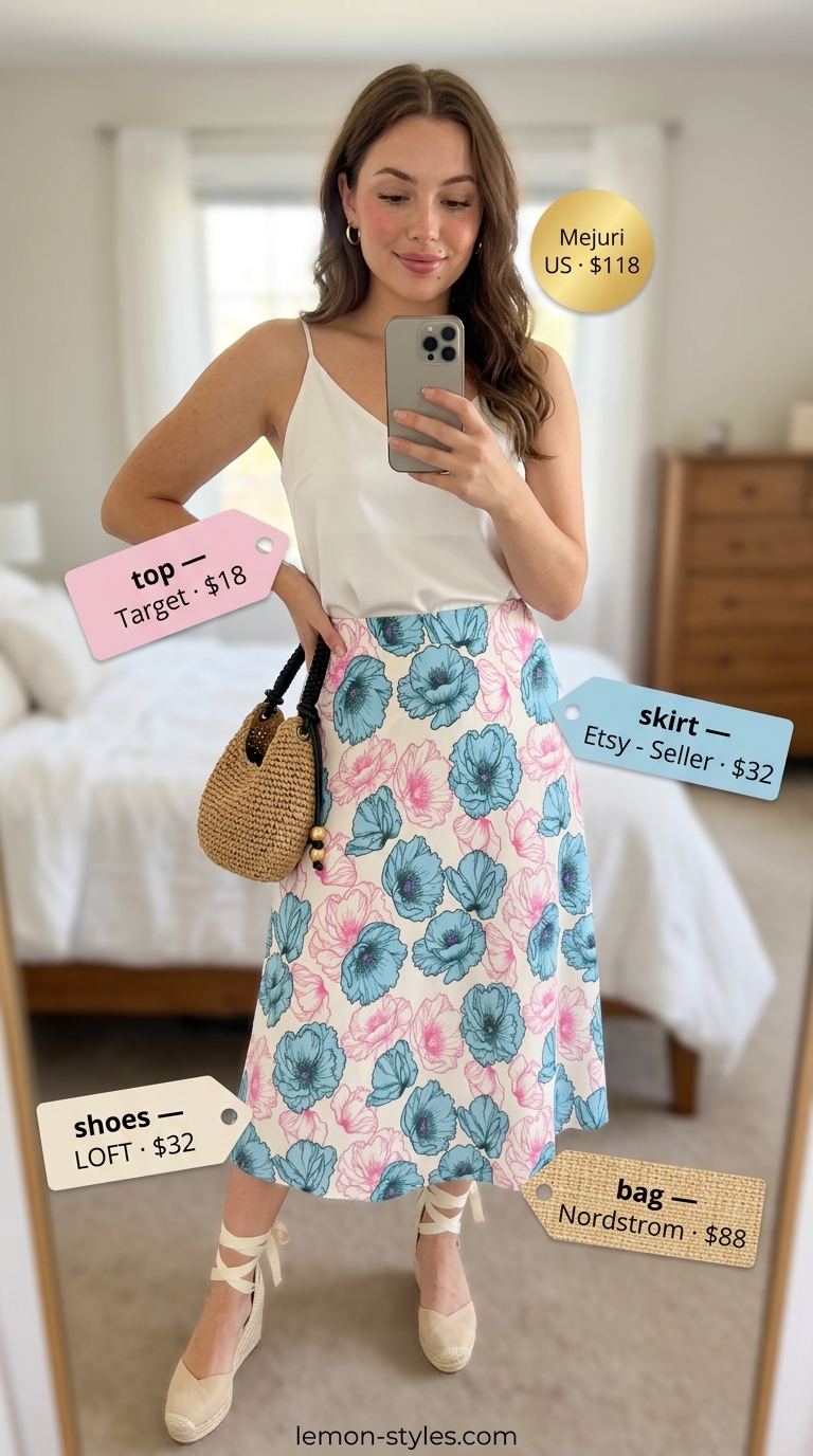 What to Wear with Cami Top Summer 2026: Garden party outfit with floral midi skirt, white cami, straw bag, and espadrilles.