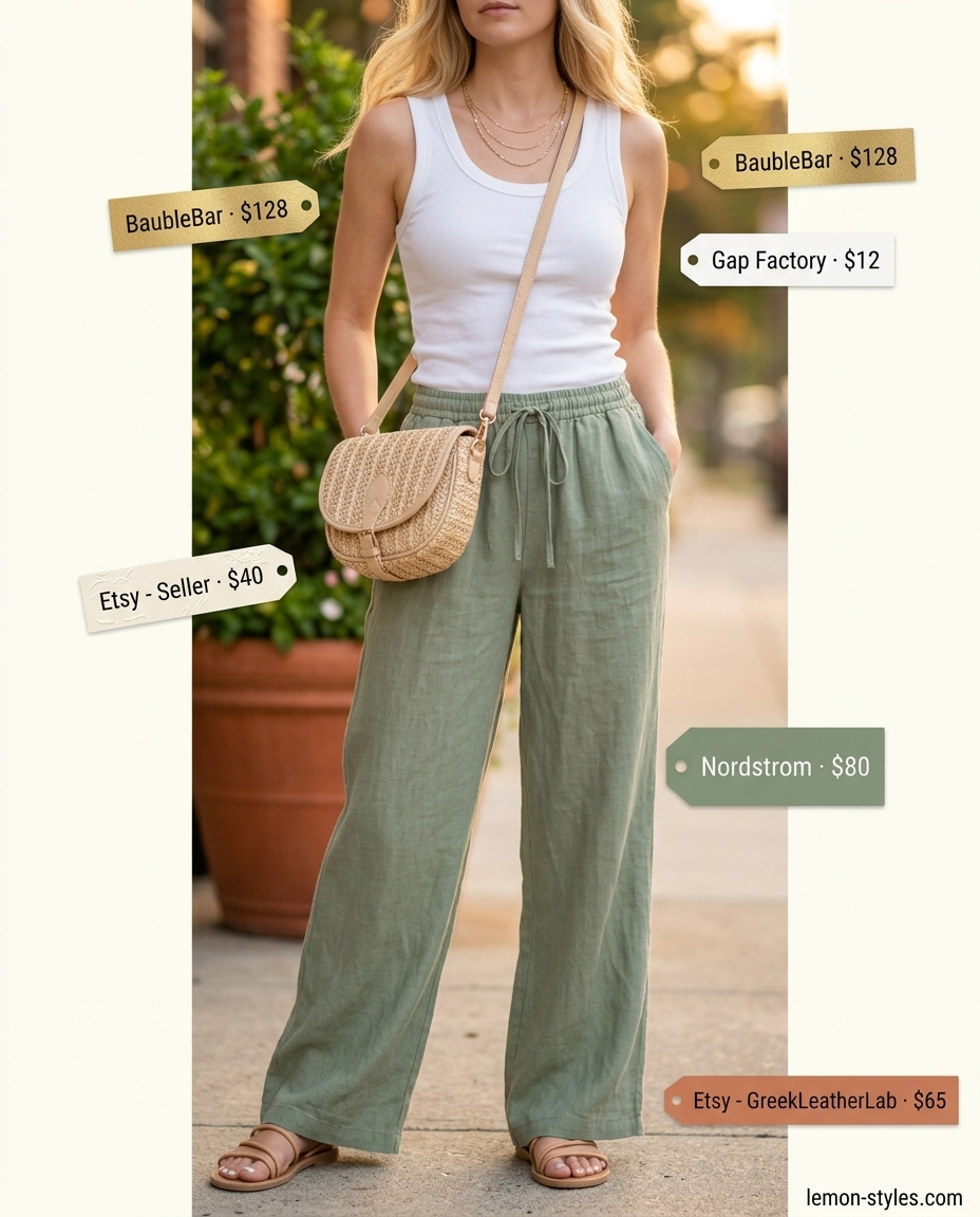 What to wear with cami top summer 2026: Sage green linen pants with cream tank for a relaxed evening.