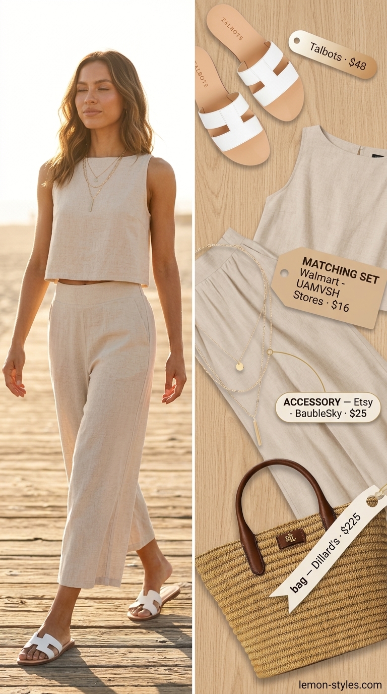 What to wear with cami top summer 2026: Natural beige linen cami set with wide-leg pants, straw tote, and leather slides.