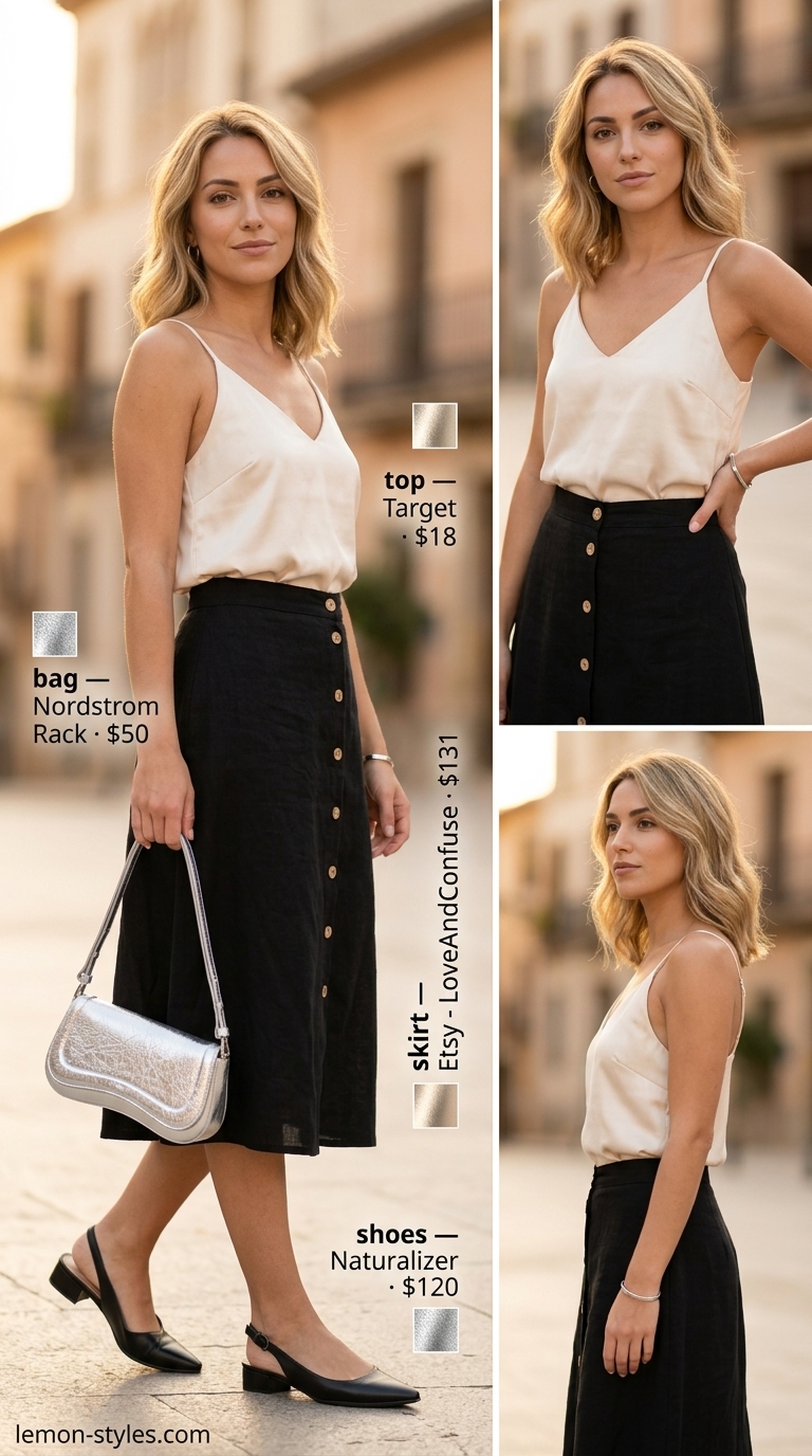 What to wear with cami top summer 2026: Cream satin cami with black midi skirt, slingback flats, and silver shoulder bag.