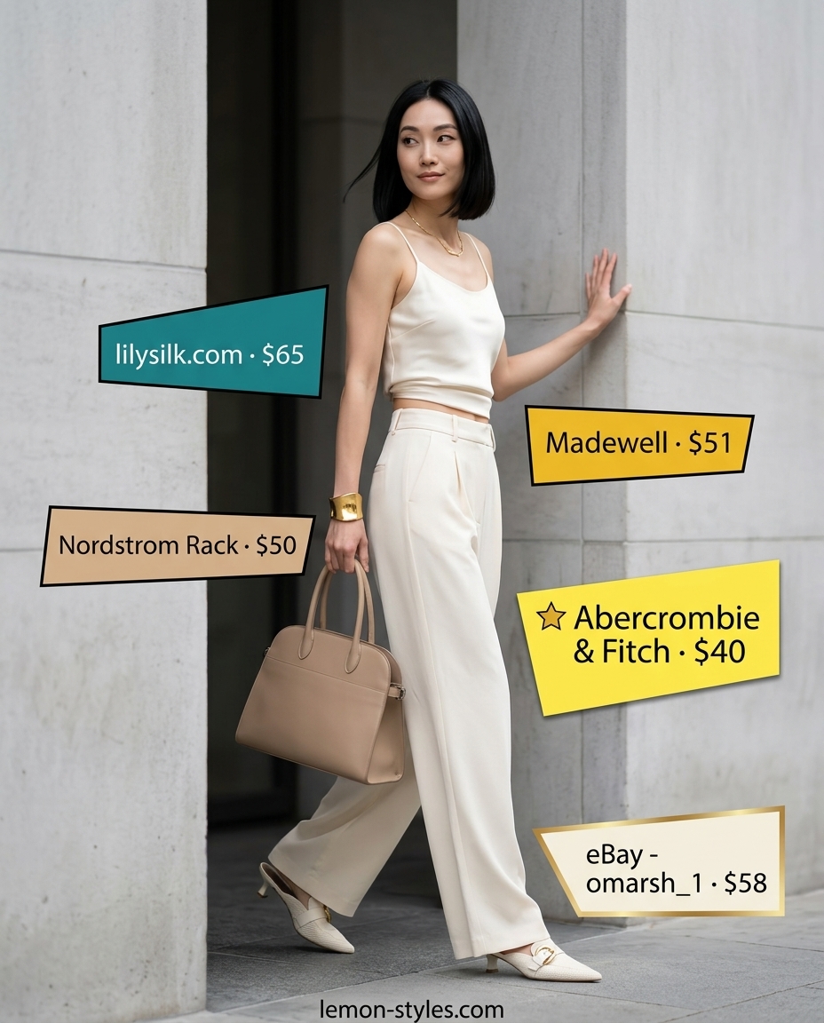 What to Wear with Cami Top Summer 2026: Monochromatic beige silk cami, wide-leg trousers, kitten heels, and gold jewelry.