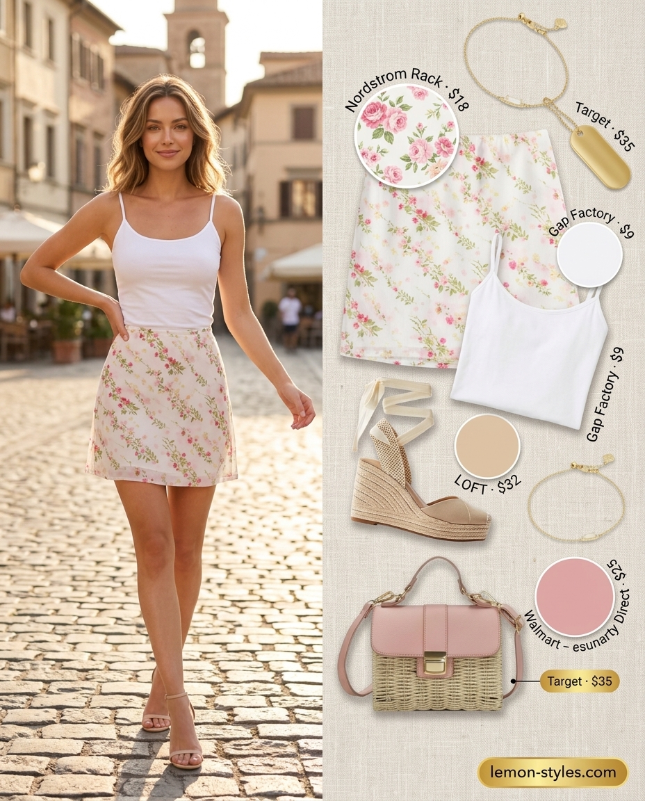 What to wear with cami top summer 2026: White floral mini skirt with white cami, espadrille wedges, and straw bag.