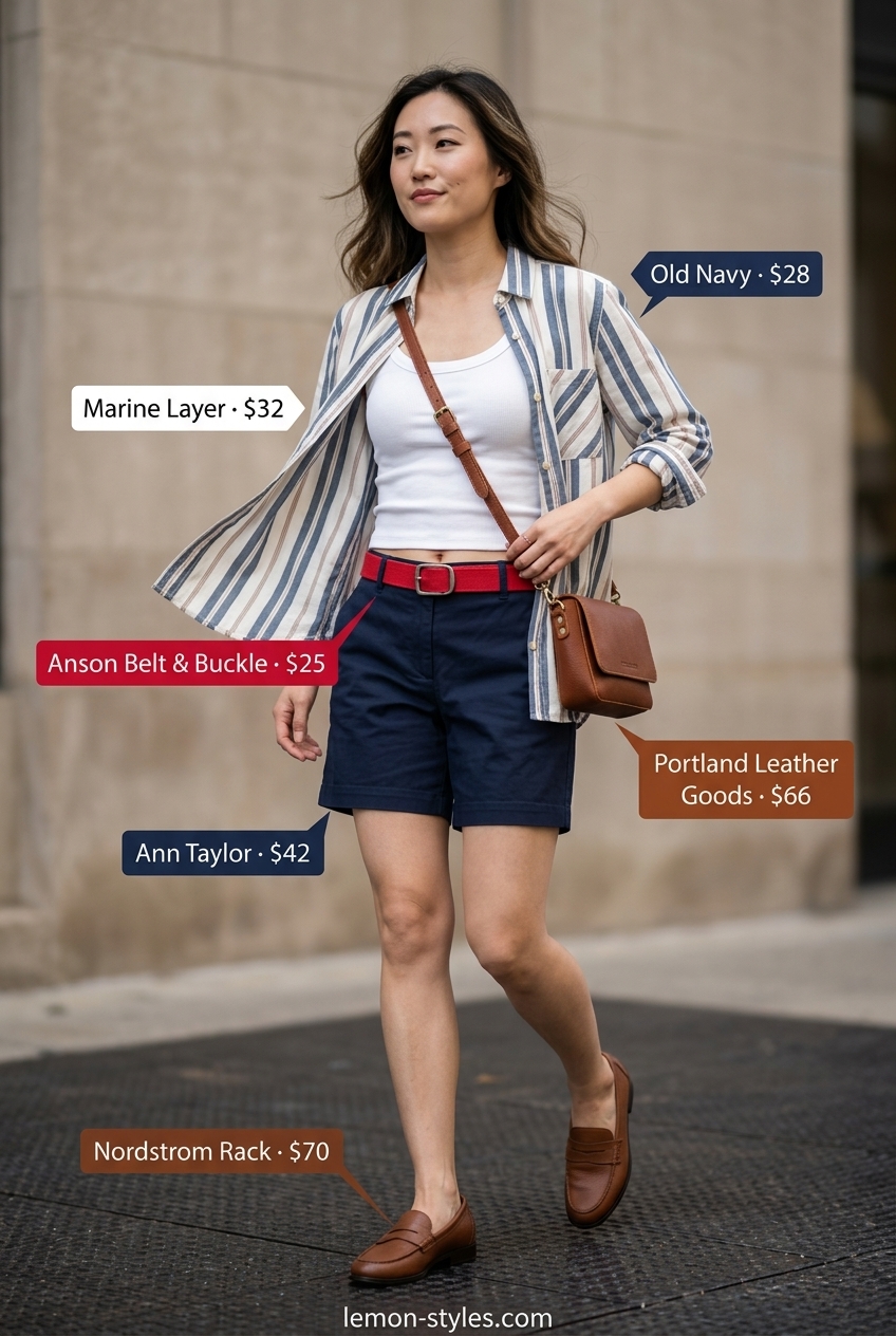 What to wear with cami top summer 2026: Navy shorts with striped button-down and camisole for preppy style.