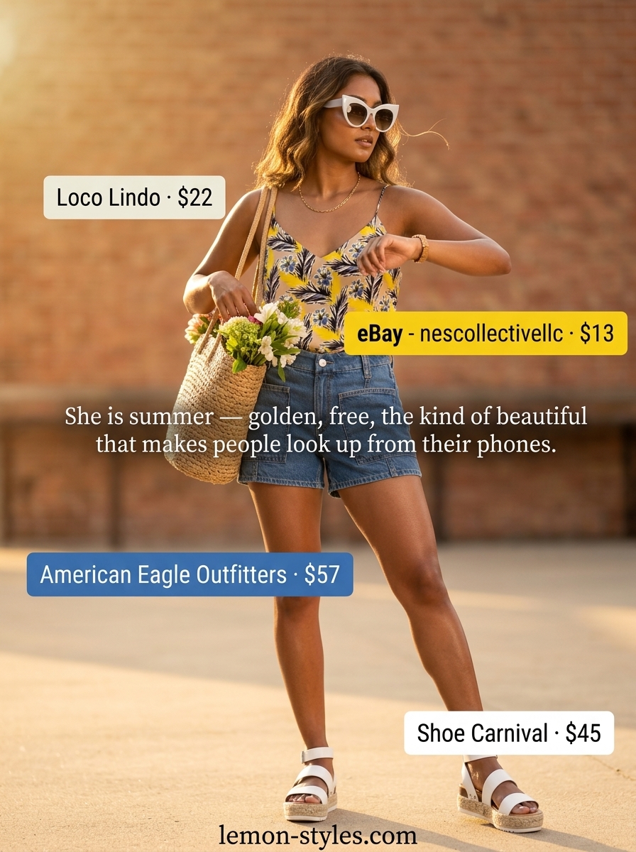 What to wear with cami top summer 2026: Retro mustard floral cami with denim shorts, platform sandals, and cat-eye sunglasses.