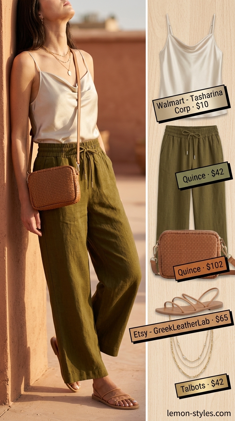 What to wear with cami top summer 2026: Champagne satin cami with olive green linen pants, leather bag, and flat sandals.