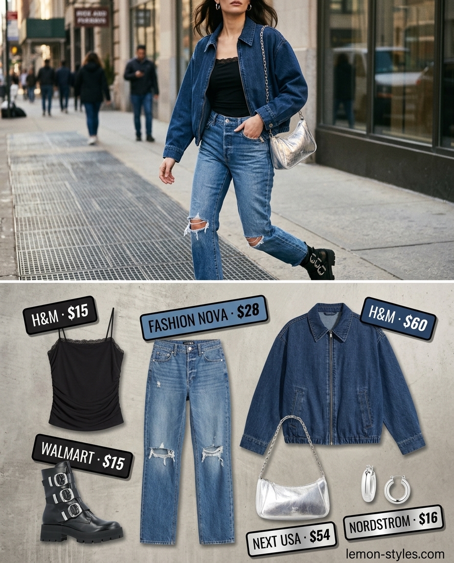 What to Wear with Cami Top Summer 2026: Edgy look with black lace cami, distressed jeans, denim jacket, and combat boots.