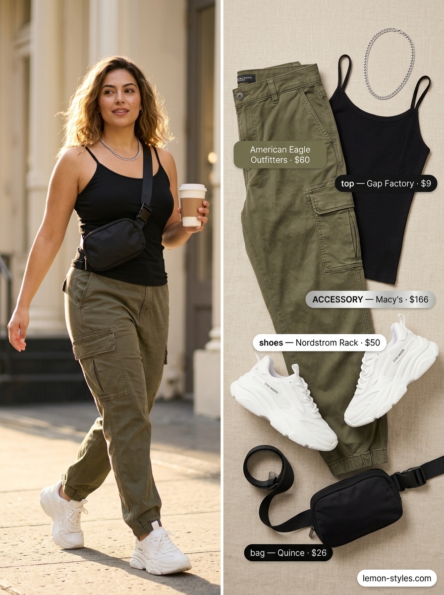 What to wear with cami top summer 2026: Olive cargo pants with black camisole for an edgy casual look.
