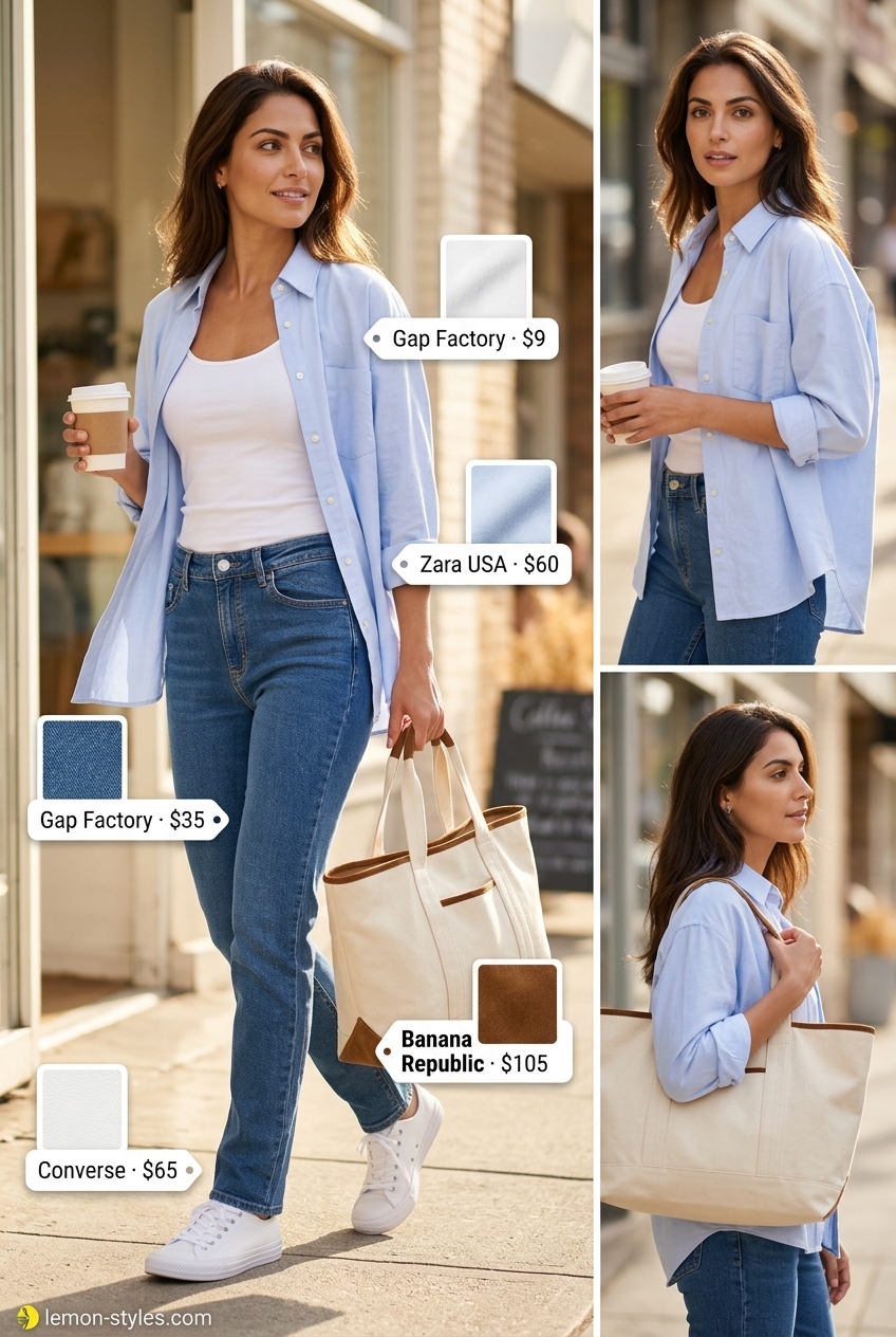 What to Wear with Cami Top Summer 2026: Casual weekend outfit with white cami, light blue shirt, denim jeans, and tote bag.