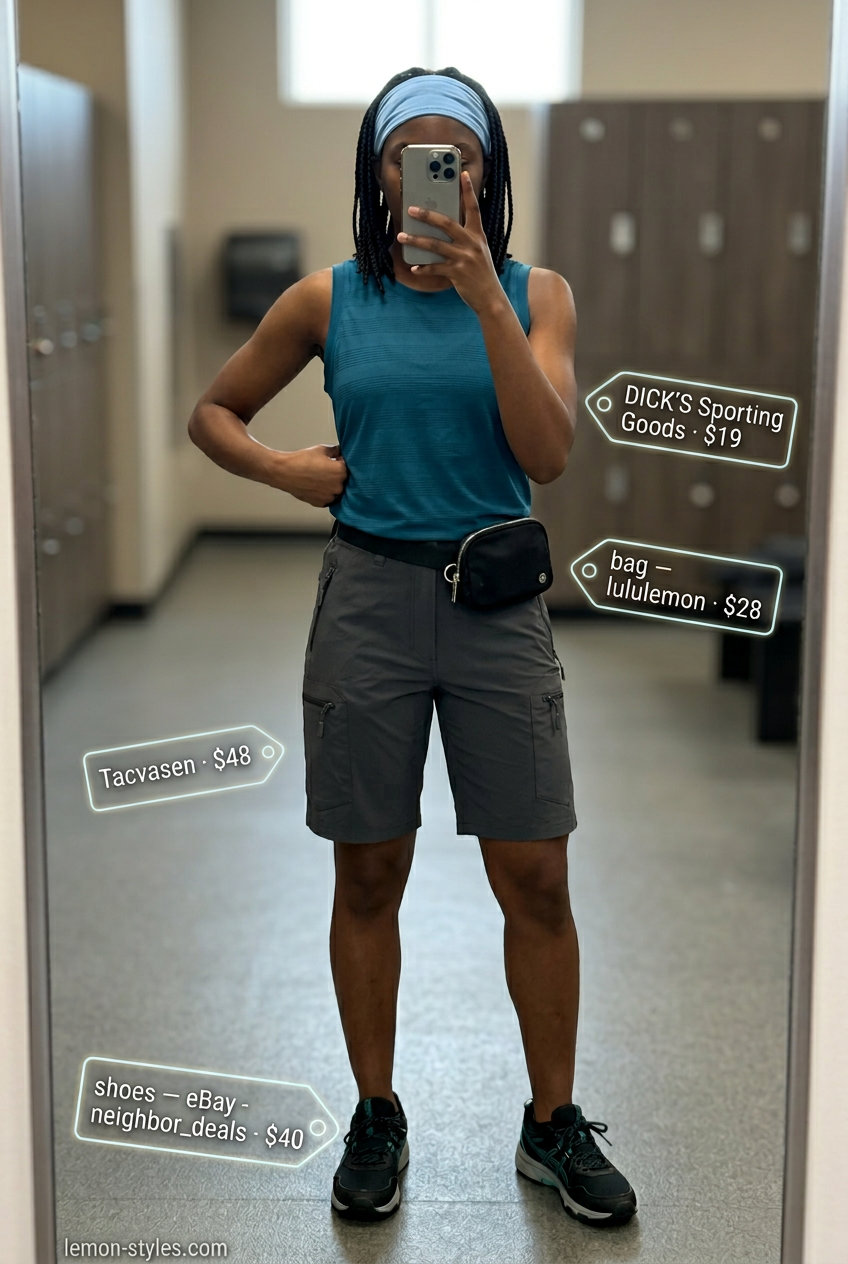 Active Adventure Cargo: What to Wear with Cargo Shorts Summer 2026. Teal tank, charcoal shorts, athletic sneakers.