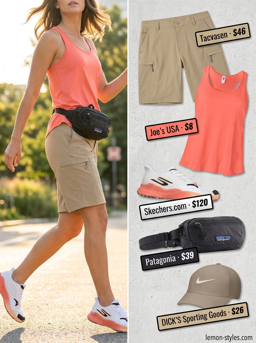 Active summer cargo shorts outfit with khaki shorts, coral tank, white cap for a light hike. What to wear with cargo shorts summer 2026.