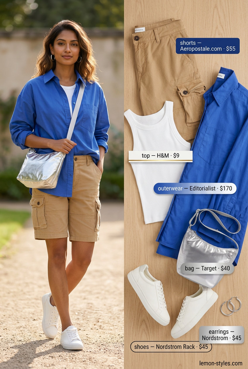 Bold & Bright Cargo: What to Wear with Cargo Shorts Summer 2026. Yellow shorts, cobalt shirt, silver accessories.