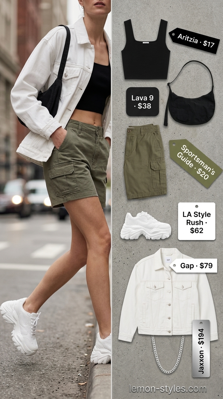 Bold Utility Cargo outfit: Khaki green cargo shorts, black crop top, oversized denim jacket, silver chain. Summer 2026 style.
