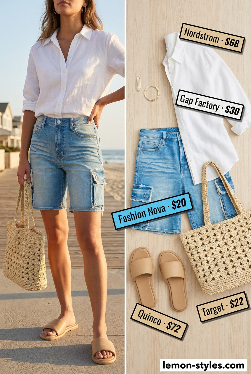 Coastal breeze outfit with light wash denim cargo shorts, linen shirt, and straw tote. What to wear with cargo shorts summer 2026.