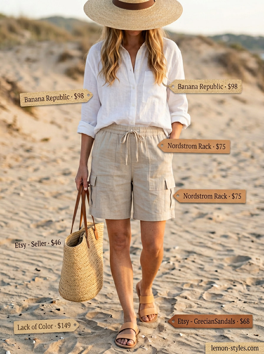 Coastal Breeze Cargo outfit: Sand beige shorts, oversized linen shirt, straw hat, slide sandals. Summer 2026.
