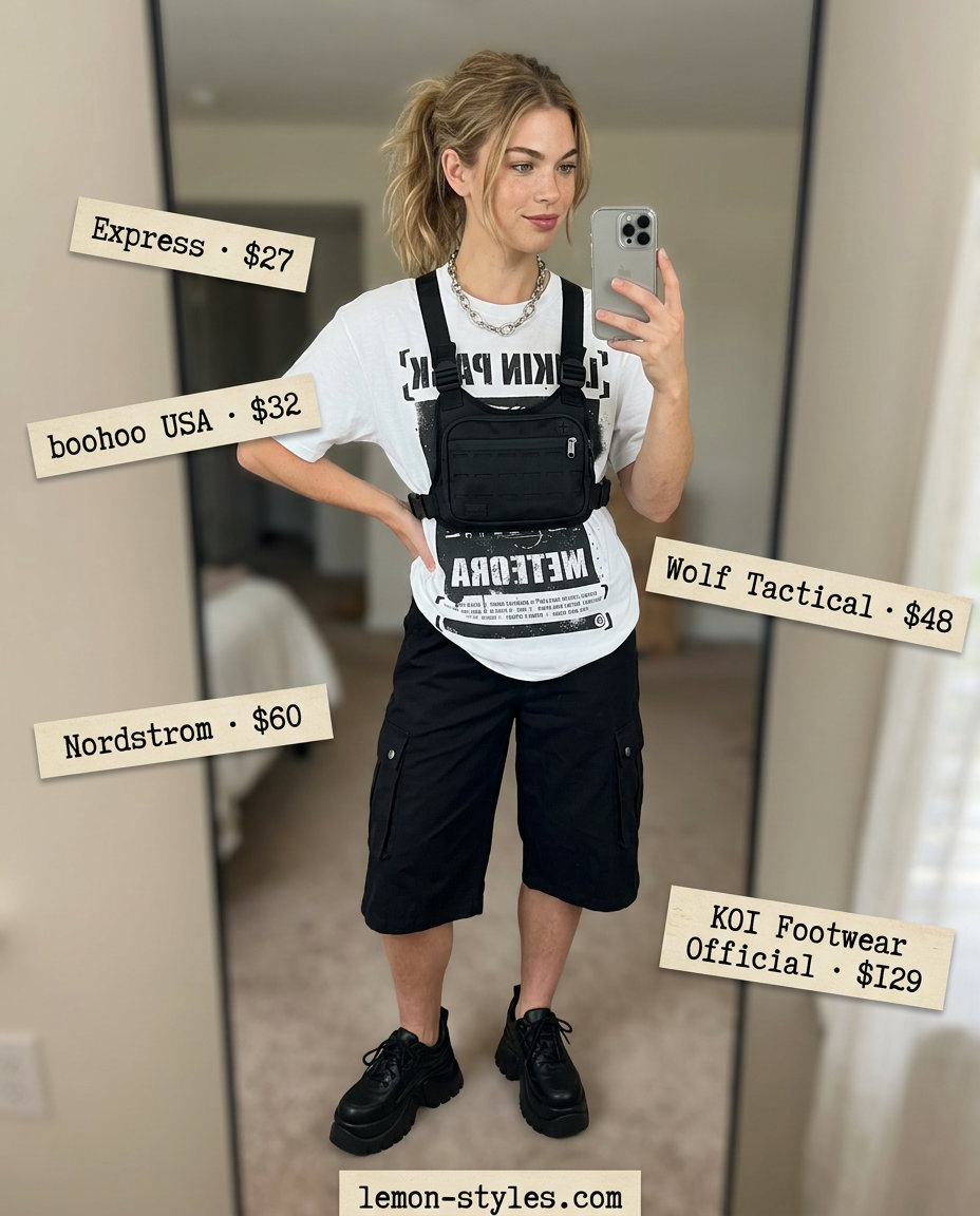 Edgy Street Style Cargo: What to Wear with Cargo Shorts Summer 2026. Baggy black shorts, graphic tee, chunky sneakers.