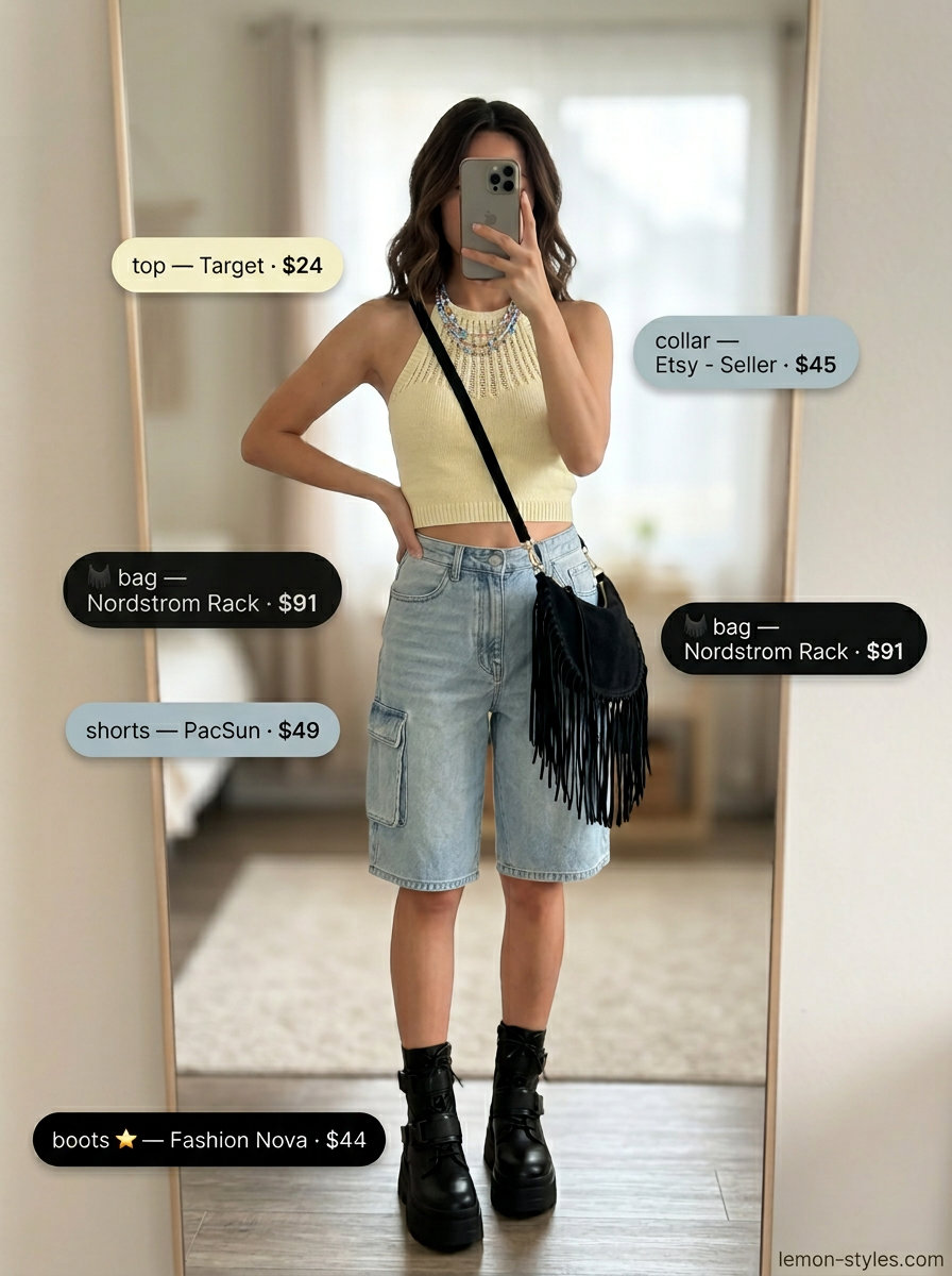 Festival Ready Cargo: What to Wear with Cargo Shorts Summer 2026. Denim shorts, crochet top, combat boots.