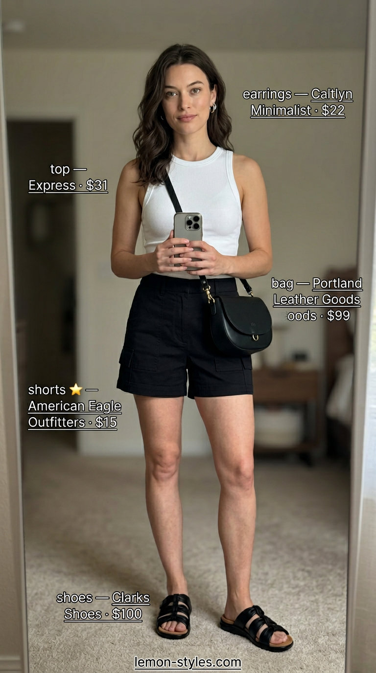 Modern Minimalist Cargo: What to Wear with Cargo Shorts Summer 2026. Black tailored shorts, white top, sleek slides.