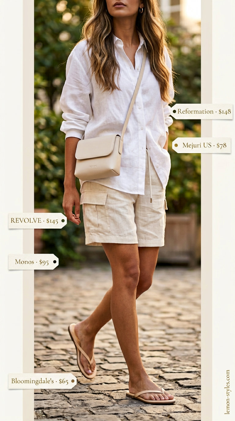 Monochromatic cream cargo shorts outfit with ivory linen shirt for summer evenings. What to wear with cargo shorts summer 2026.