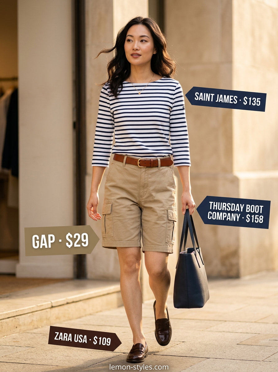 Preppy cargo shorts outfit with beige shorts, navy stripe top, and loafers. What to wear with cargo shorts summer 2026.