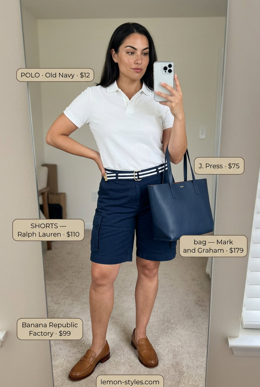 Preppy Summer Cargo outfit: Navy chino shorts, white polo, tan loafers, striped belt. Summer 2026.