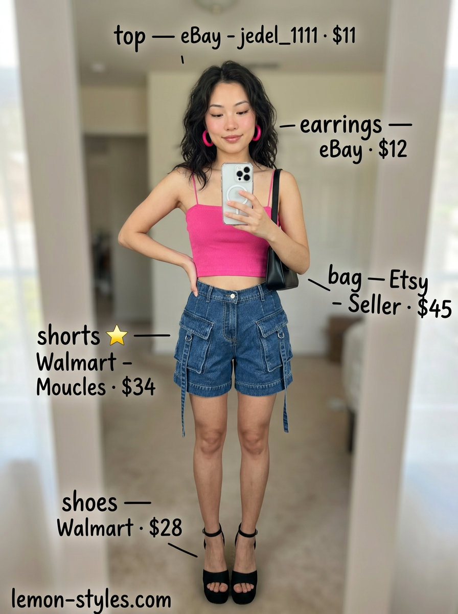 Retro Vibe Cargo: What to Wear with Cargo Shorts Summer 2026. Hot pink crop top, denim shorts, chunky sandals.