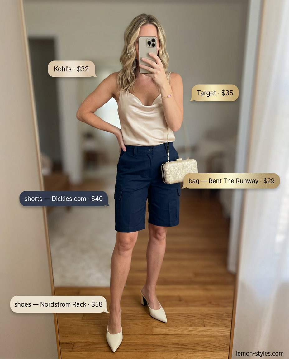 Sunset Cruise Cargo outfit: Navy tailored shorts, champagne camisole, heeled mules, metallic clutch. Summer 2026.